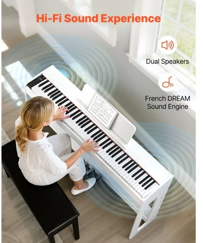 VEVOR Skaitmeninis pianinas, 88 klavišų, pilnai pasvertas, su stovu, baltas