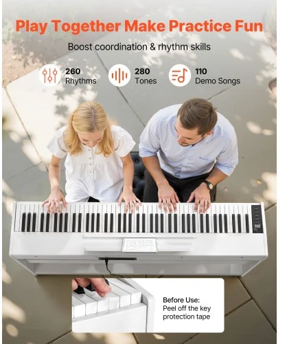 VEVOR Skaitmeninis pianinas, 88 klavišų, pilnai pasvertas, su stovu, baltas
