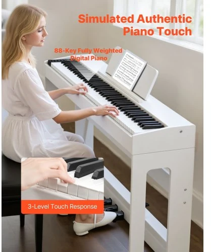 VEVOR Skaitmeninis pianinas, 88 klavišų, pilnai pasvertas, su stovu, baltas