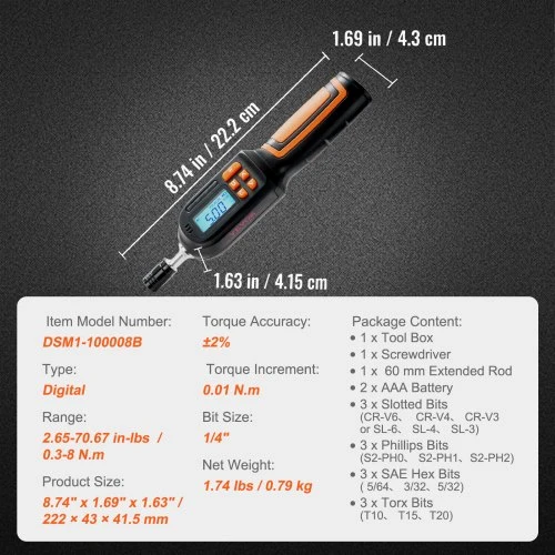 VEVOR Skaitmeninis sukimo momento atsuktuvas, 0,64 cm pavara, LCD, 0,30–7,98 N·m