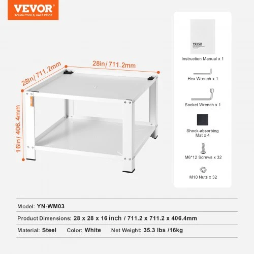 VEVOR Skalbimo mašinos ir džiovyklės pedestalas su laikymo lentyna, 711 × 711 × 406 mm, balta