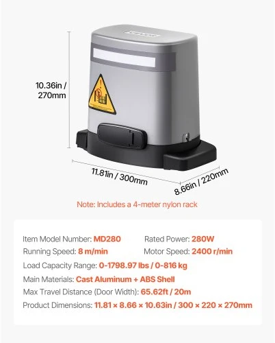VEVOR Slankiojamų vartų automatika MD280, 280 W, iki 20 m, 816 kg