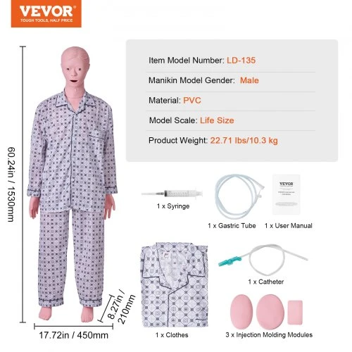 VEVOR Slaugos mokomasis manekenas, vyriškas, natūralaus dydžio, PVC anatomijos modelis