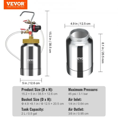 Koduva VEVOR slėginis dažų bakas, 2 l, 1.8 mm purškimo pistoletas, 3 m žarna, JY-SS2L