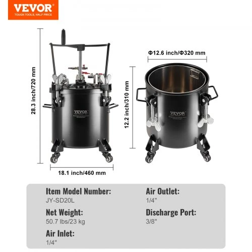 Koduva VEVOR slėginis dažų puodas, 20 l, 70 psi, plieno, su ratukais