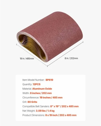 VEVOR Šlifavimo juostos 202 x 485 mm, 12 vnt., 80 grūdėtumo, aliuminio oksidas