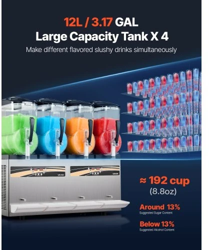 VEVOR Slush machine X-480, 12 l x 4, 1650 W, skaidri