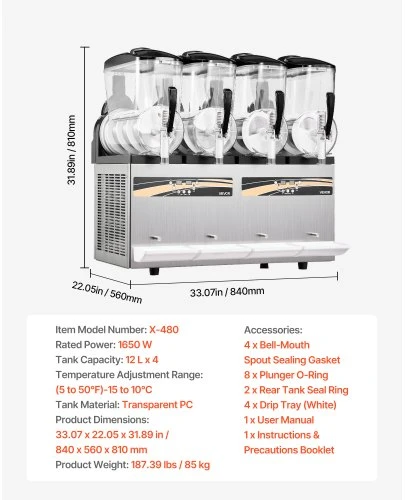 VEVOR Slush machine X-480, 12 l x 4, 1650 W, skaidri