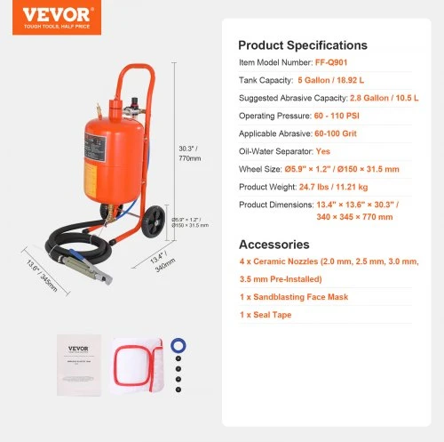 Koduva VEVOR smėliavimo bakas 18,9 l, 60–110 PSI, su 4 antgaliais