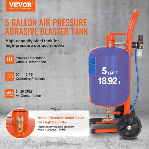 Koduva VEVOR smėliavimo bakas 18,9 l, 60–110 PSI, su 4 antgaliais