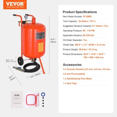 VEVOR Smėliavimo bakas 75,7 l, 60–110 PSI, su 4 antgaliais
