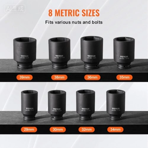 VEVOR Smūginių galvučių rinkinys ašies veržlėms, 8 vnt., 12-kampės gilios, 13 mm / 12,7 mm pavara, Cr-Mo