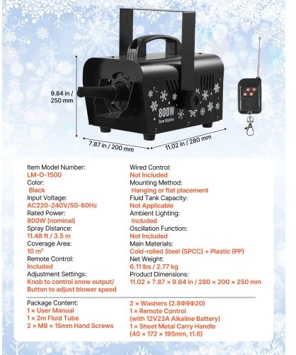 VEVOR Sniego mašina, 1500 W, juoda, 5 l, LM-O-1500