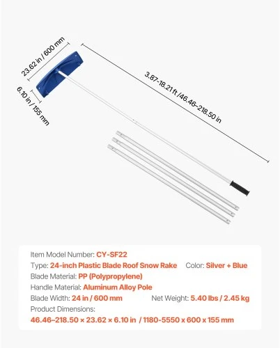 VEVOR Sniego stogo grėblys, 60 cm PP plastiko mentė, reguliuojamas 1,18–5,55 m