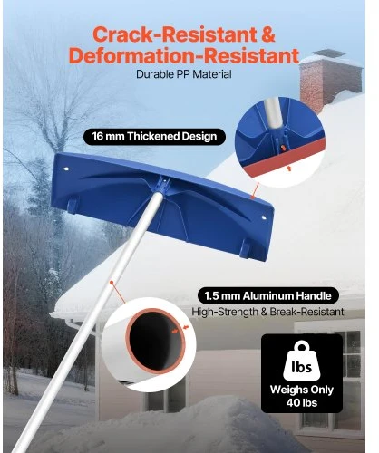 VEVOR Sniego stogo grėblys, 60 cm PP plastiko mentė, reguliuojamas 1,18–5,55 m