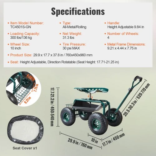 VEVOR Sodo vežimėlis su ratukais, žaliai, TC4501S-GN