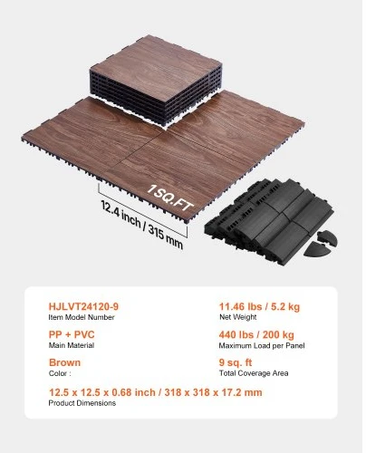 VEVOR Šokių grindų plytelės, 9 vnt., 12,4 x 12,4 col., ąžuolo raštas