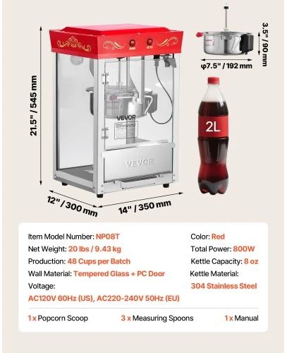 VEVOR Spragėsių aparatas, 0,2kg nerūdijančio plieno katilas, 800 W, stalinis, raudonas