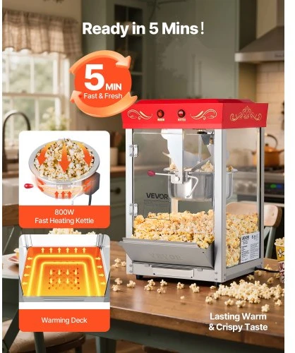 VEVOR Spragėsių aparatas, 0,2kg nerūdijančio plieno katilas, 800 W, stalinis, raudonas