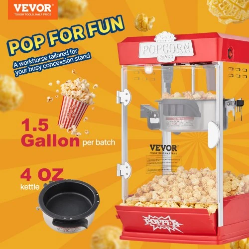 VEVOR Spragėsių aparatas, 480 W, 4 oz katilas, 1,5 gal. partija, stalinis, raudonas