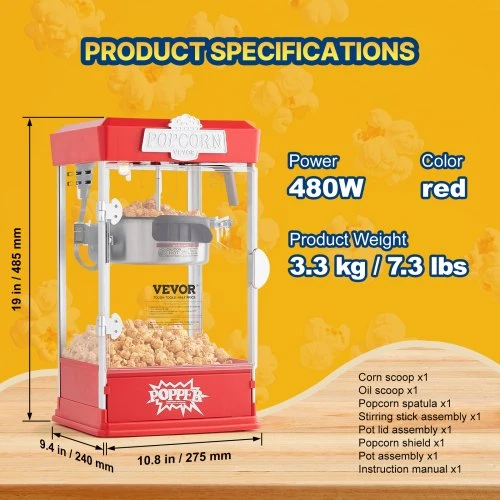 VEVOR Spragėsių aparatas, 480 W, 4 oz katilas, 1,5 gal. partija, stalinis, raudonas
