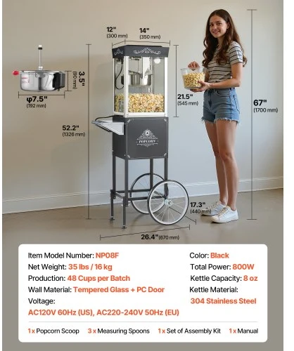 VEVOR Spragėsių aparatas su vežimėliu, 0,2kg, 800 W, juodas