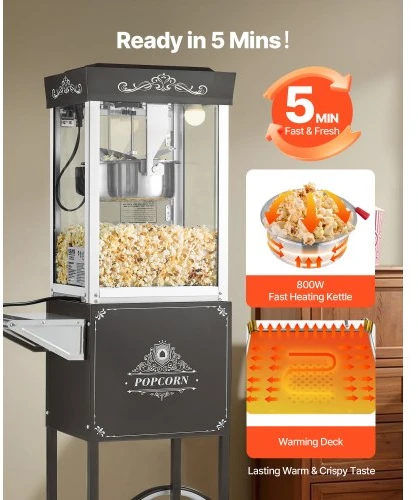 VEVOR Spragėsių aparatas su vežimėliu, 0,2kg, 800 W, juodas