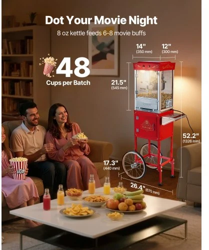 VEVOR Spragėsių aparatas su vežimėliu, 0,2kg nerūdijančio plieno katilas, 800 W, raudonas
