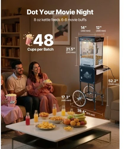 VEVOR Spragėsių aparatas su vežimėliu, 0,2kg, 800 W, juodas
