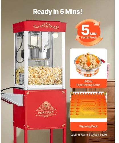 VEVOR Spragėsių aparatas su vežimėliu, 0,2kg nerūdijančio plieno katilas, 800 W, raudonas