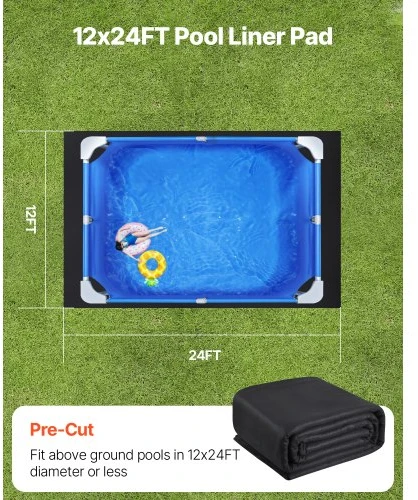 Koduva VEVOR stačiakampis baseino įdėklo paklotas, 12 x 24 ft, 180 g/m², juodas