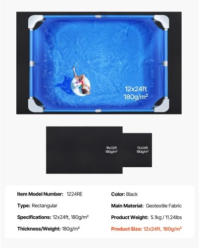 Koduva VEVOR stačiakampis baseino įdėklo paklotas, 12 x 24 ft, 180 g/m², juodas