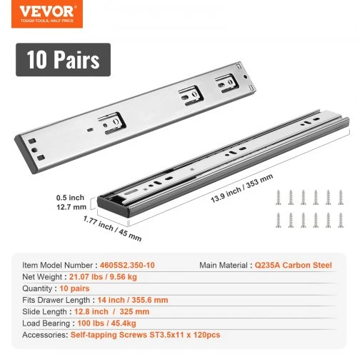 VEVOR Stalčių bėgeliai, 10 porų, 355,6 mm, šoninis montavimas, pilno ištraukimo, minkšto uždarymo