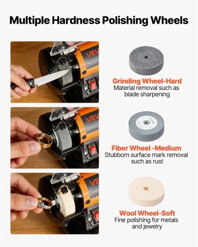 Koduva VEVOR stalinis poliravimo įrenginys, 8300–10600 RPM, su šlifavimo, pluošto ir vilnos ratais, 100 priedų rinkinys