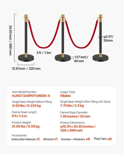 Koduva VEVOR stanchion postų komplektas, 6 vnt., su 4 raudonomis aksominėmis virvėmis, 5 pėdų, juodas nerūdijančio plieno