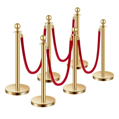 VEVOR Stanchionai ir aksominės virvės, 6 vnt., auksiniai, su raudonomis virvėmis