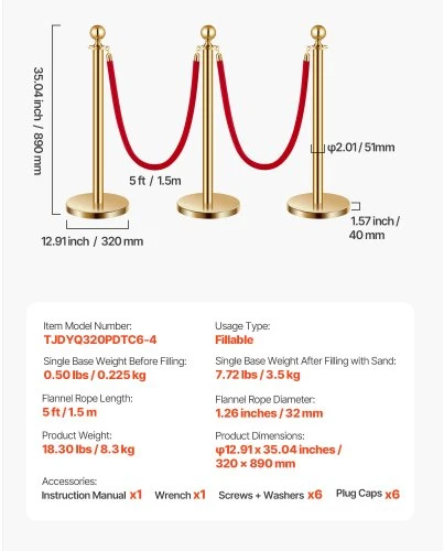 VEVOR Stanchionai ir aksominės virvės, 6 vnt., auksiniai, su raudonomis virvėmis
