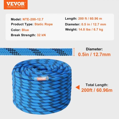 Koduva VEVOR statinė alpinizmo virvė, 12,7 mm, 60,96 m, mėlyna