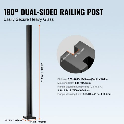 VEVOR Stiklo laikiklis turėklams, 1050 mm, juodas, 10–12 mm grūdintam stiklui