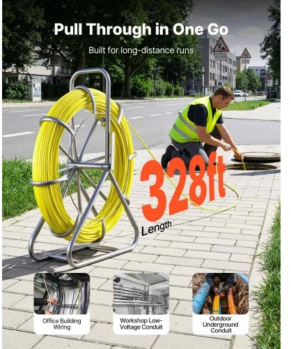 VEVOR Stiklo pluošto kabelio traukimo juosta, 100 m, 6,3 mm, su stovu ir fiksavimo mechanizmu