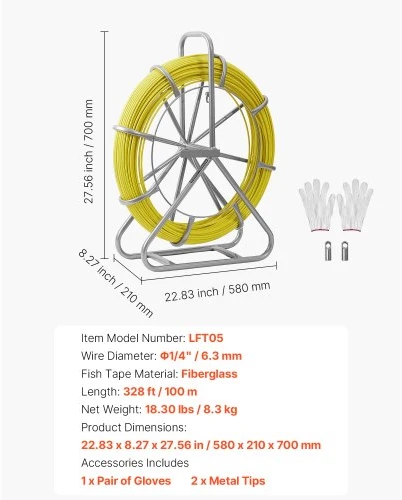 VEVOR Stiklo pluošto kabelio traukimo juosta, 100 m, 6,3 mm, su stovu ir fiksavimo mechanizmu