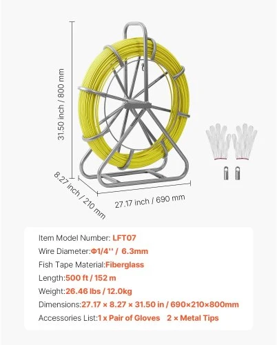 VEVOR Stiklo pluošto kabelio traukimo juosta 152 m, 6,3 mm, su stovu ir fiksavimo mechanizmu
