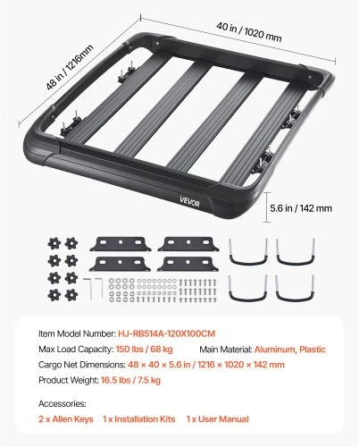 VEVOR Stogo bagažinė, 1216 x 1020 x 142 mm, universali, skirta SUV automobiliams