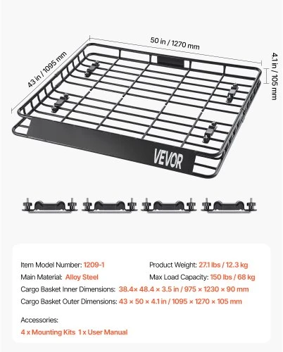 VEVOR Stogo bagažinė cargo carrier, 109,5 x 127 x 10,5 cm, universalus stogo krepšys, 68 kg