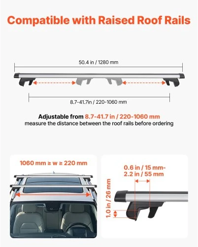 VEVOR Stogo bagažinės skersiniai, 100 kg, universalus tvirtinimas prie paaukštintų stogo bėgelių, 220-1060 mm