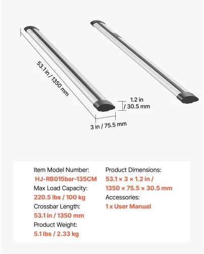VEVOR Stogo bagažinės skersiniai, 100 kg, 1350 mm, aliuminio lydinys