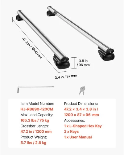 VEVOR Stogo bagažinės skersiniai, 75 kg, universalus tvirtinimas ant paaukštintų stogo relių, 210-1060 mm