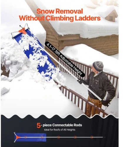 VEVOR Stogo sniego grėblys, 27 cm aliuminio ašmenys, reguliuojamas 1,25–5,24 m