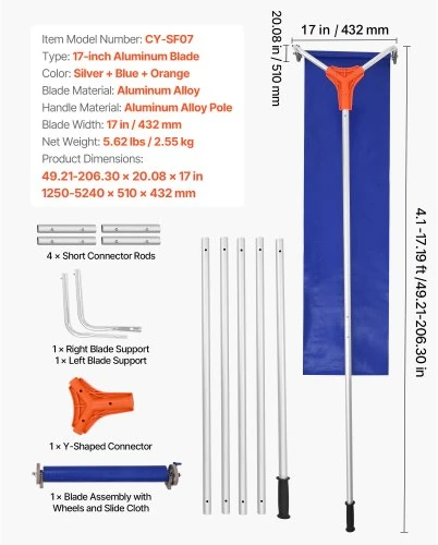 VEVOR Stogo sniego grėblys, 27 cm aliuminio ašmenys, reguliuojamas 1,25–5,24 m