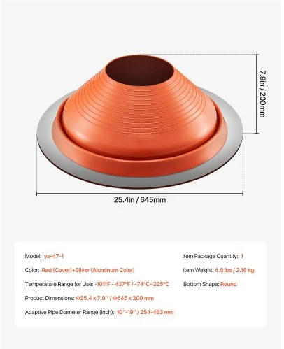 Koduva VEVOR stogo vamzdžio sandarinimo gaubtas, vamzdžiui OD 10"–19", silikoninis, raudonas metalinis pagrindas